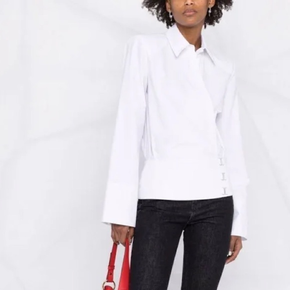 The Attico Delia Cotton Poplin Wrap Front Blouse Top White Faux Button Up